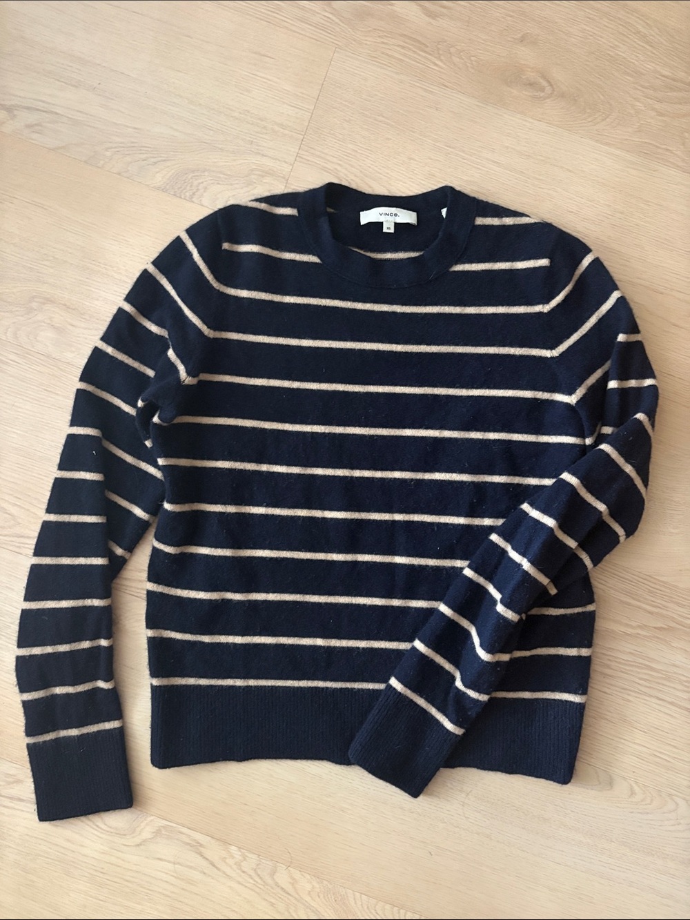 VINCE XS- cashmere Striped Overlay Crewneck Sweater - Navy and Cream